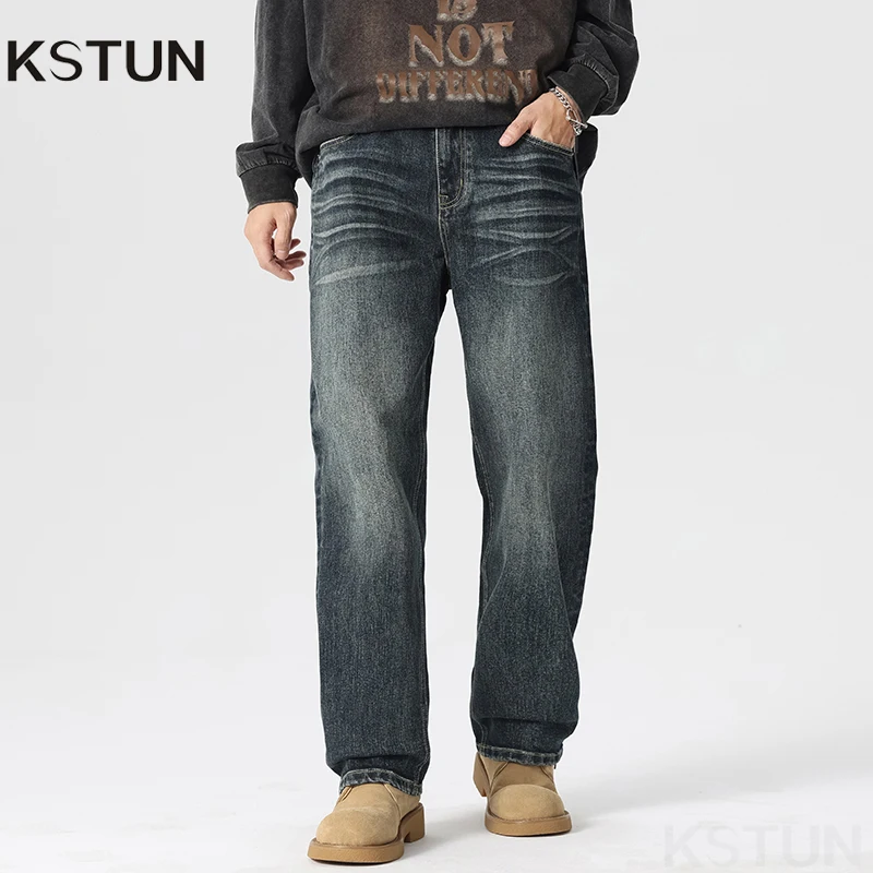 

KSTUN 2025 Wide Leg Jeans Men Loose Straight Blue Jeans Stretch Denim Pants Streetwear Fashion Desinger Men's Trousers Autumn