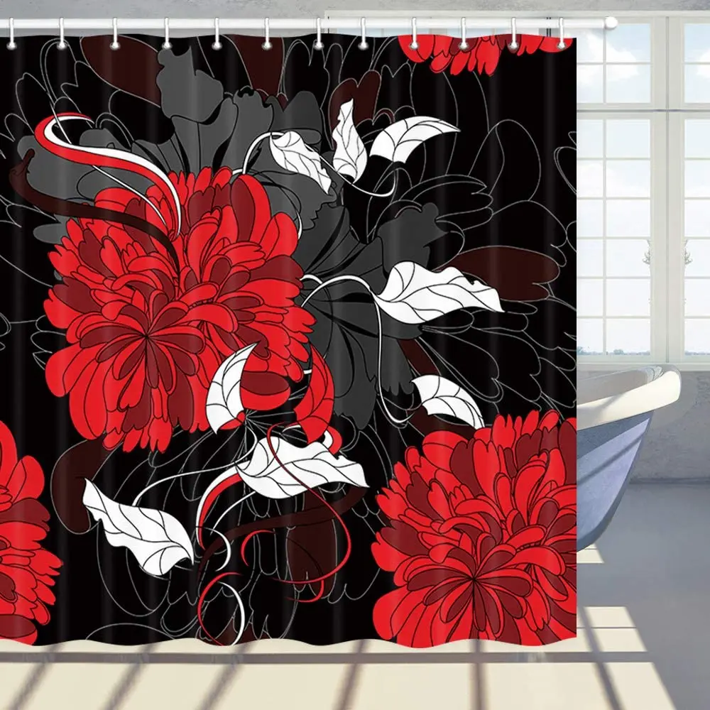 Floral Shower Curtain Red and White Chrysanthemum Flowers Leaves Polyester Fabric Bath Bathroom Curtains Set with Hooks