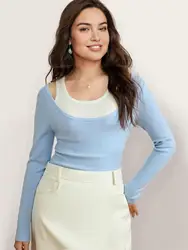 DUSHU Plus Size Women's Fake Two-piece Contrasting Color Sweater 2025 Spring New Commuting Elegant Chic All-match Top 25DS81069