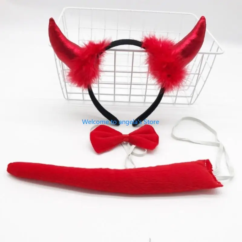 X4YC Devil Ears Headband Bow Tie Tail Set Cosplays Performances Prop for Women Kids