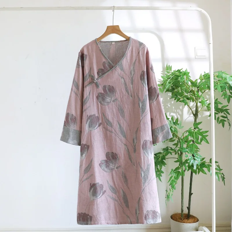 Chinese-style Yarn-dyed Pure Cotton Nightgown Women's Thin Gauze Loungewear Autumn Retro Long-sleeved V-neck Loose Sleep Dress