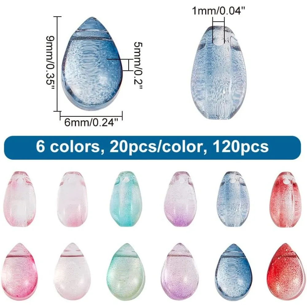 120Pcs Teardrop Glass Beads 6 Colors Transparent Crystal Beads Water Drop Loose Pendants Beads for Valentine's Day DIY kit