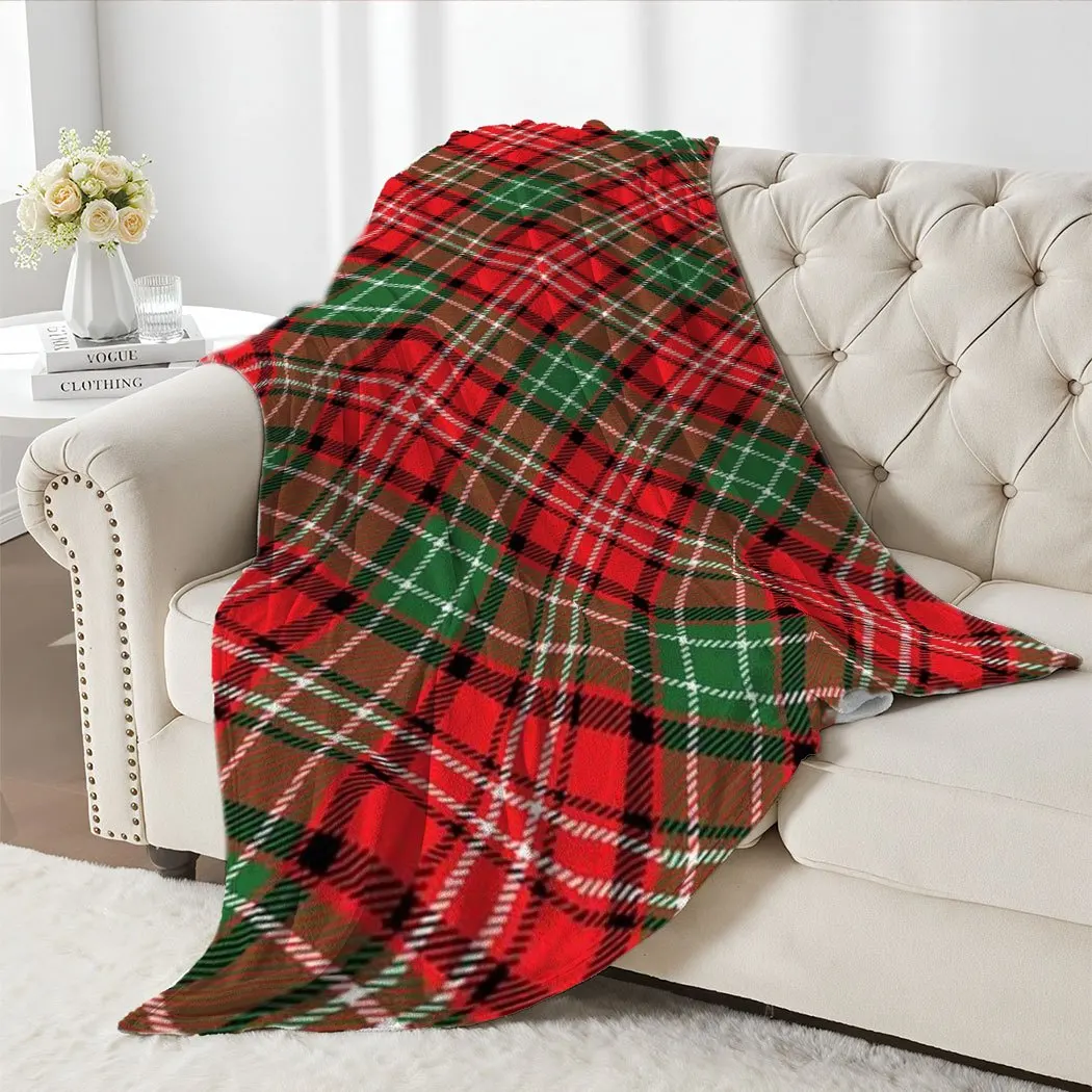 2D Flat Print, 1pc Decorative Throw Blanket/blanket, Featuring a Red, Green, Brown, and White Diamond Check Pattern Print Design