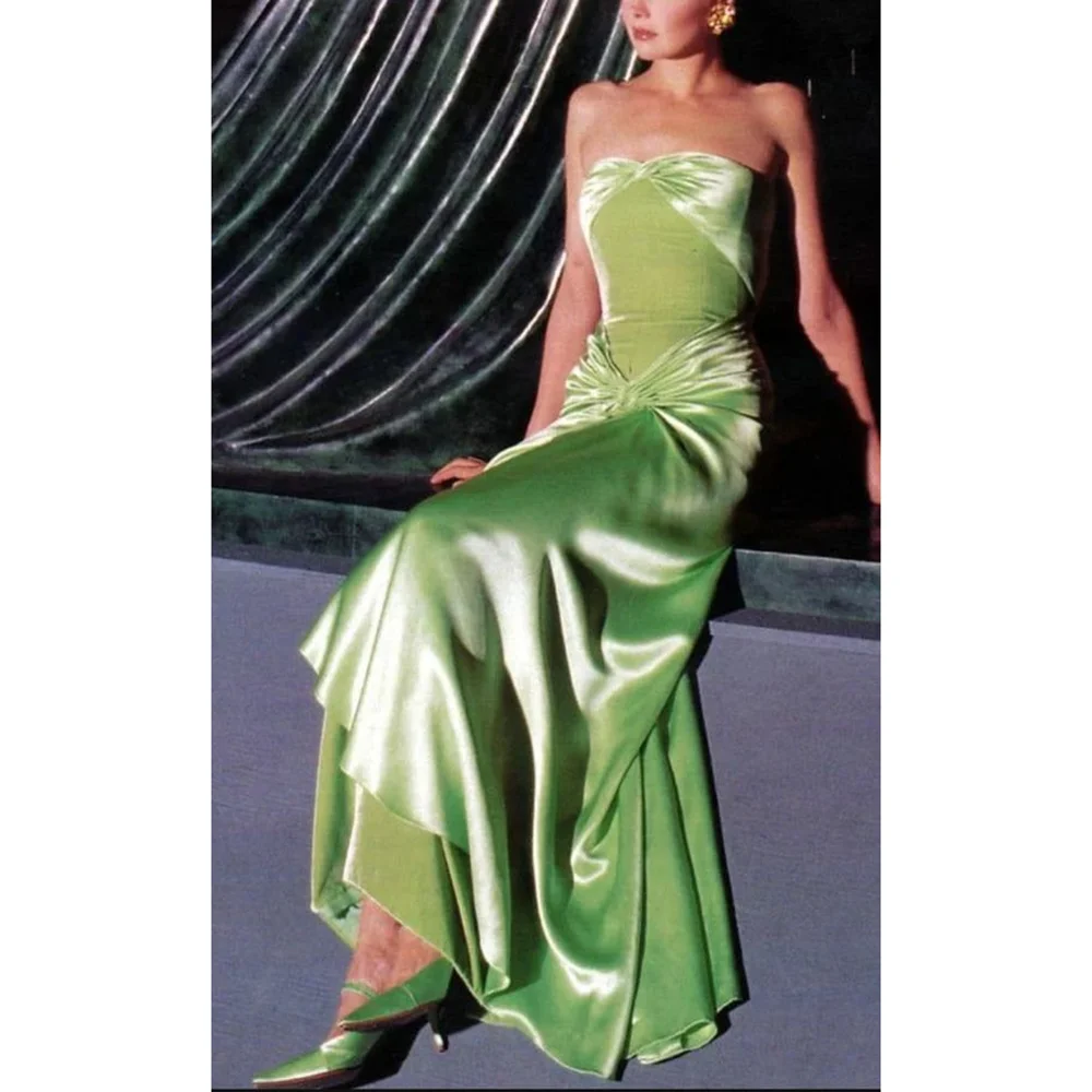 

Customized Green Corduroy Satin Shiny Strapless Pleated Asymmetrical Long Dresses Exquisite Formal Evening Cocktail Party Dress