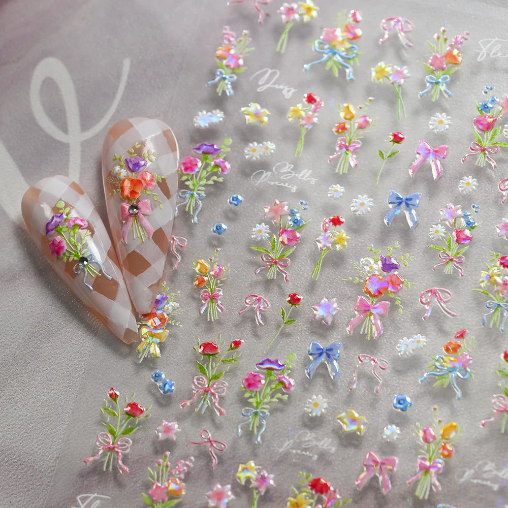 

5D Embossed Floral Bow Nail Art Stickers Colorful Daisy Rose Bouquet Holographic Glitter Nails Decals DIY Manicure Decorations