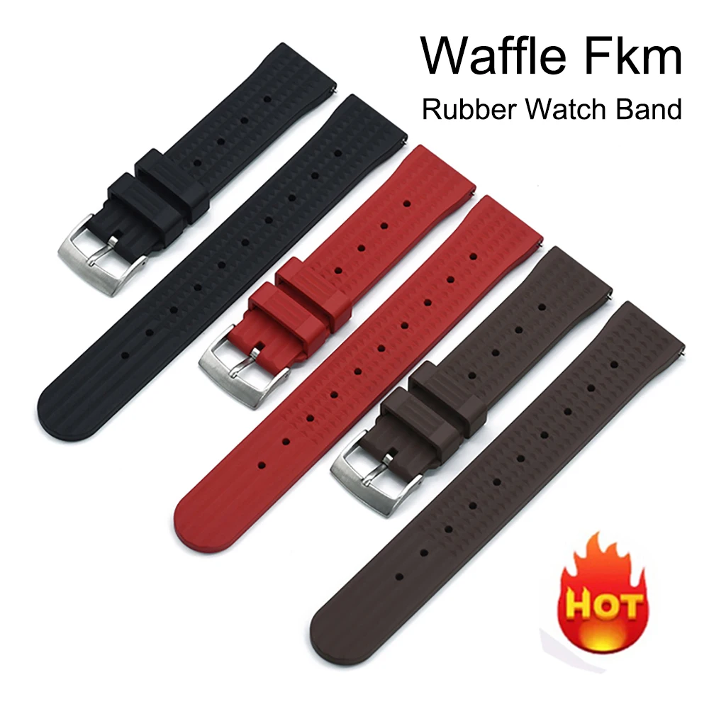 Premium Grade Waffle FKM Watch Band 20mm 22mm Quick Release Fluoro Rubber Waffle Watch Strap For Traditional Diving Watch