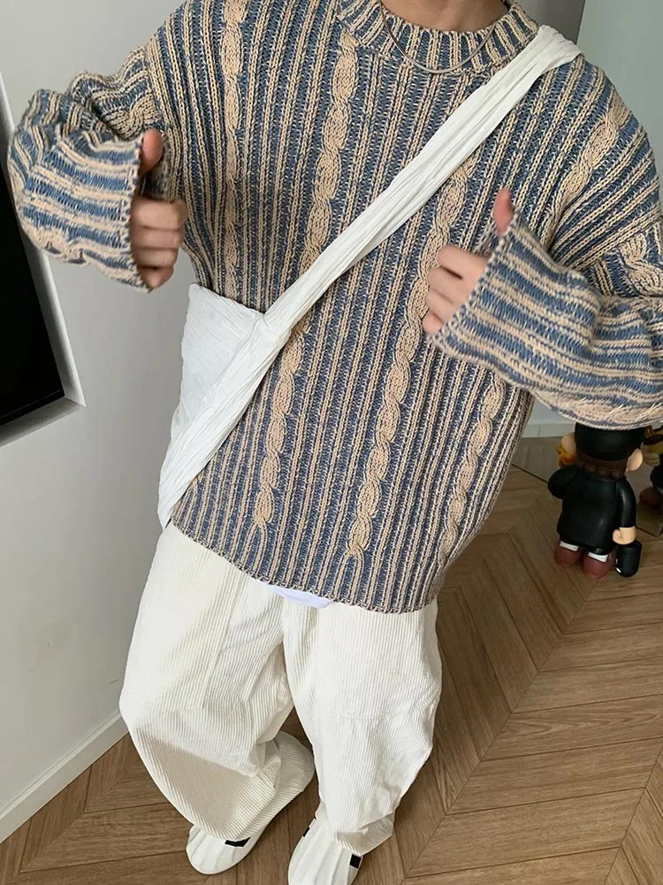 Men's Korean Style Sweater Retro Color Block Knitwear Loose Fit Round Neck Jumper Soft Casual Pullover for Autumn Winter Fashion