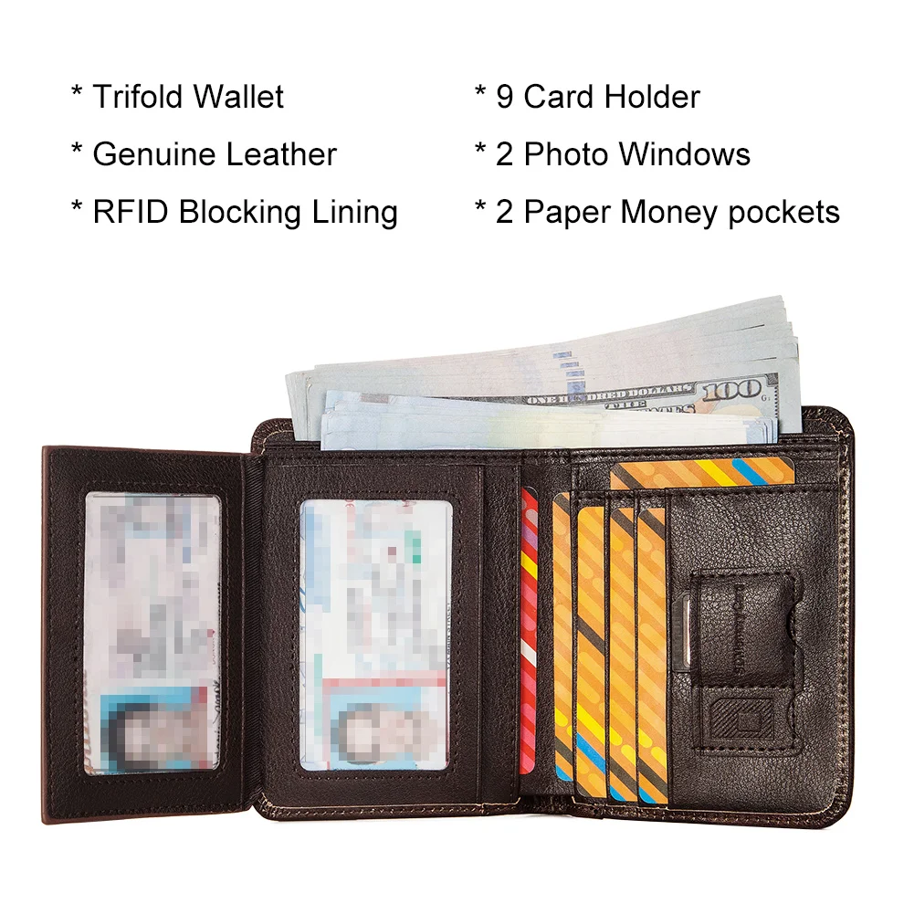 Genuine Leather RFID Protect Wallet for Men Slim Trifold Front Pocket Money Bag Anti-theft Brush Head Layer Cowhide Card Holder