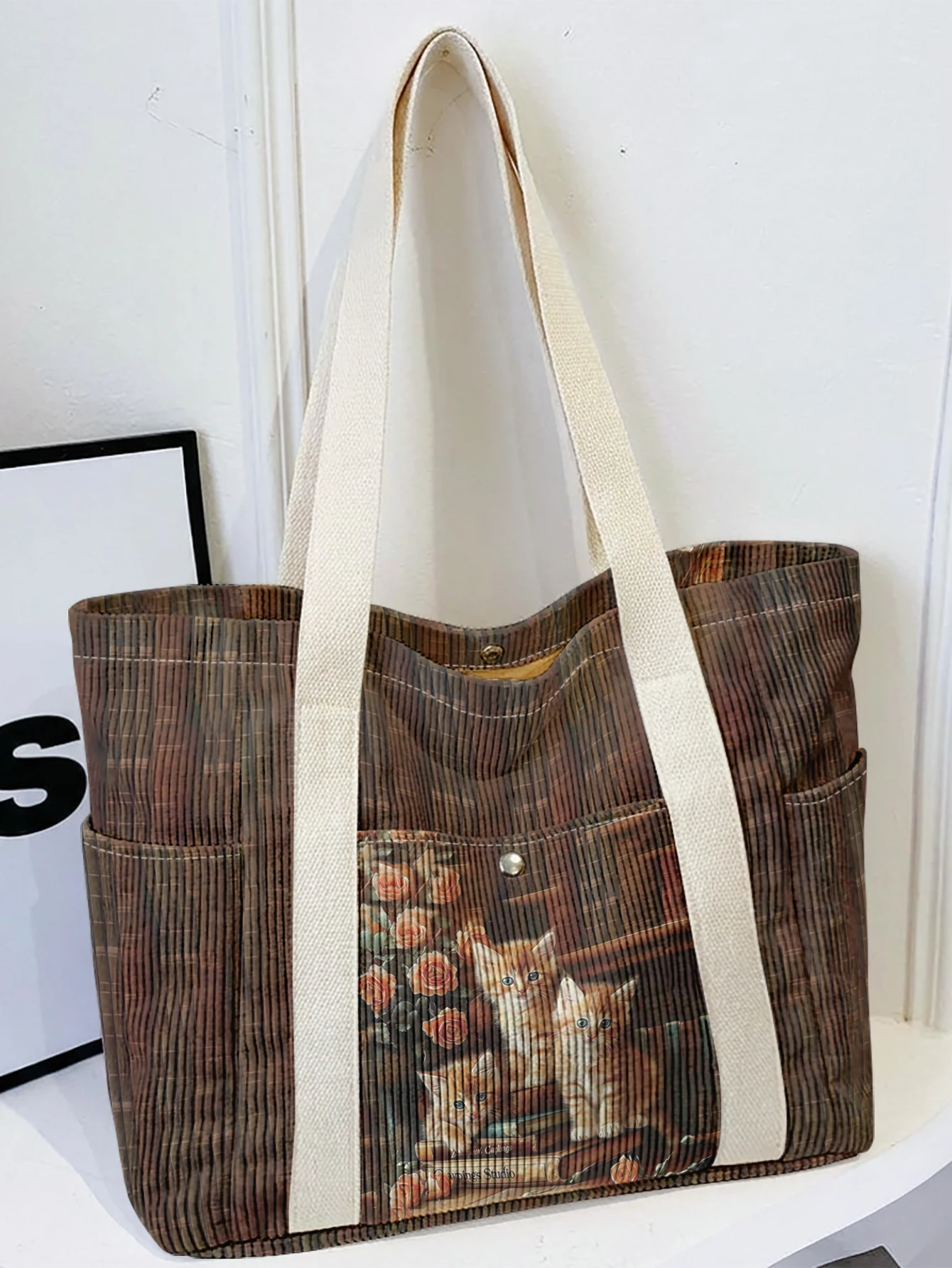 Vintage Kitten Rose Print Tote Bag, Large Capacity With Side Pockets, For Shopping, Travel, School And Daily Commute