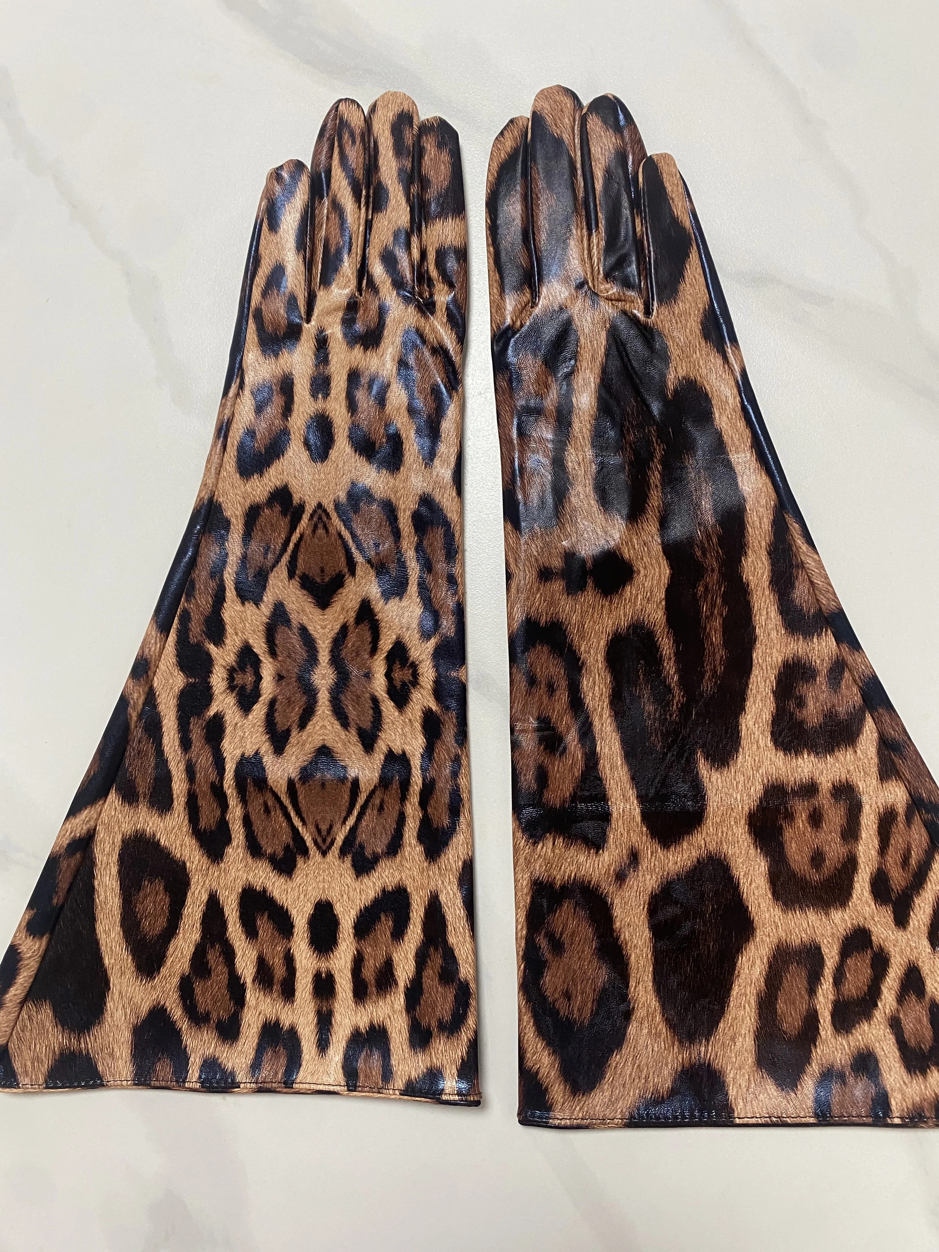 Women\'s Fashion PU Leather Wide Sleeve Long Leopard Glove Lady\'s Club Performance Formal Party Dancing Glove 38cm R1340