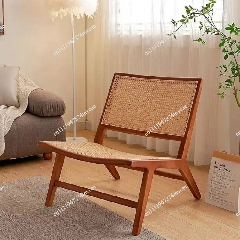 Solid Wood Rattan Recliner Homestay Single Lazy Sofa Chair Balcony Living Room