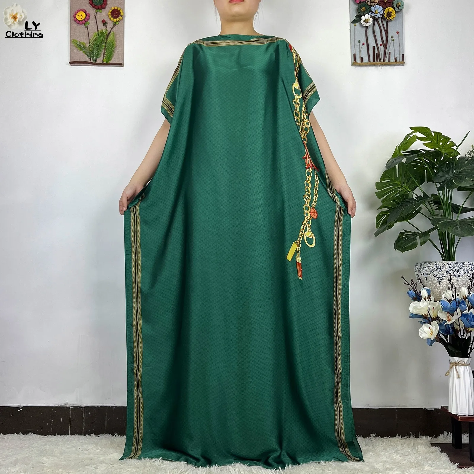 2023 New African Fashion Short Sleeve Colored Pattern Dubai Women Summer Real Silk Soft Printing Loose Tradition Muslim Dress