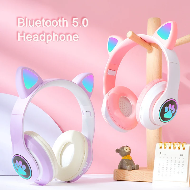 Headworn Wireless Bluetooth Headphone Esports Games Headset Cute Cat Ear LED Lights With Microphone Sport Earphone For Girl Gift