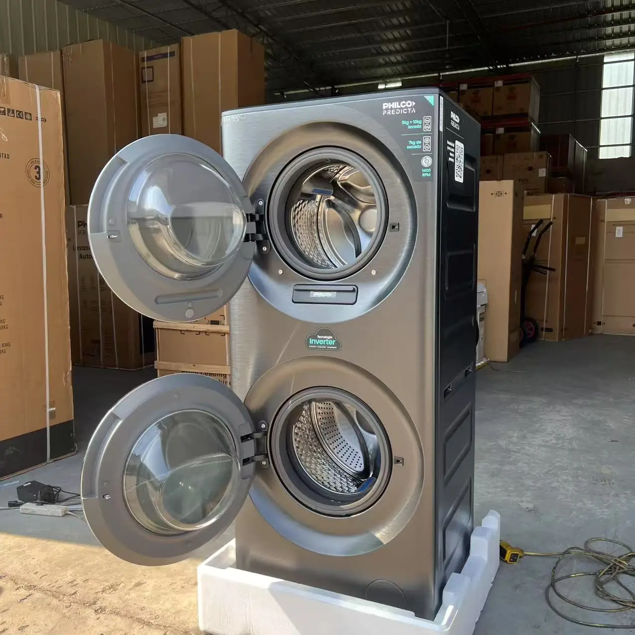 15KG Tower Washing Machine Front Loading 7KG Dryer With 10KG Washer AI Smart Wash 1400RPM Inverter Spanish Language 220V 50hz