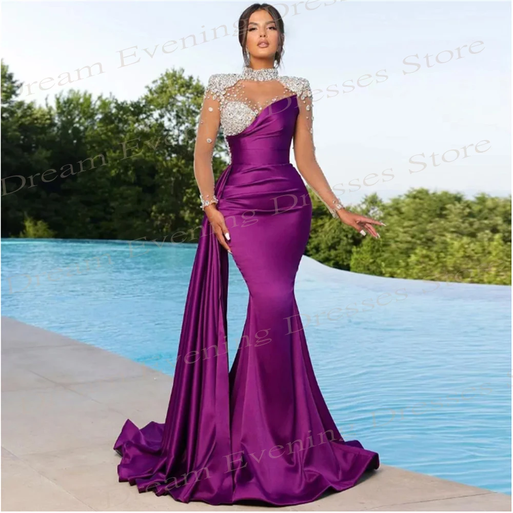 Graceful Purple Mermaid Modern Evening Dresses Long Sleeve High Neck For Women Pleated Satin Prom Gowns Beaded Formal Occasion