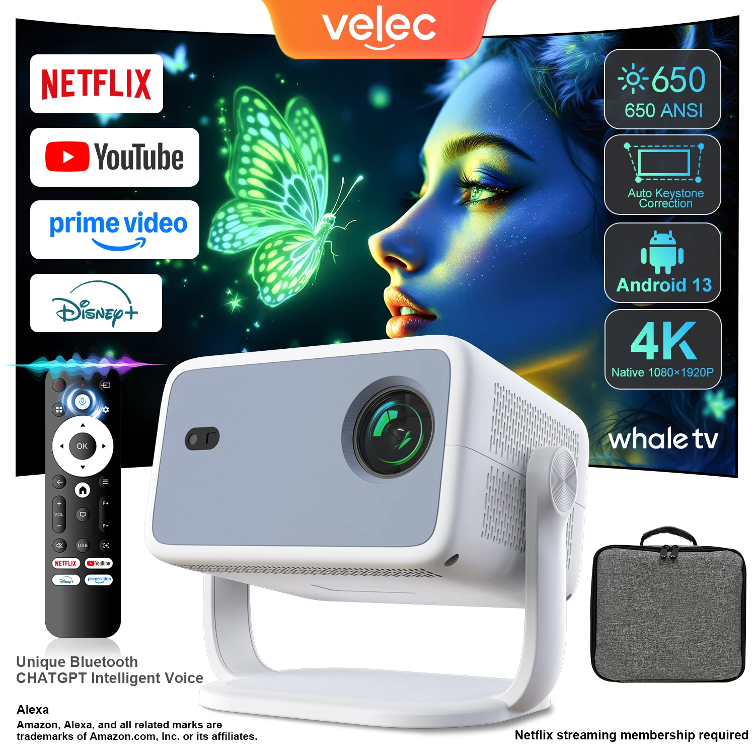 Proyector Velec Android 13 Native 1080P 650ANSI Amlogic T950D4 Wifi6 BT5.2 Compatible con Netflix 4K Proyector portátil para exteriores