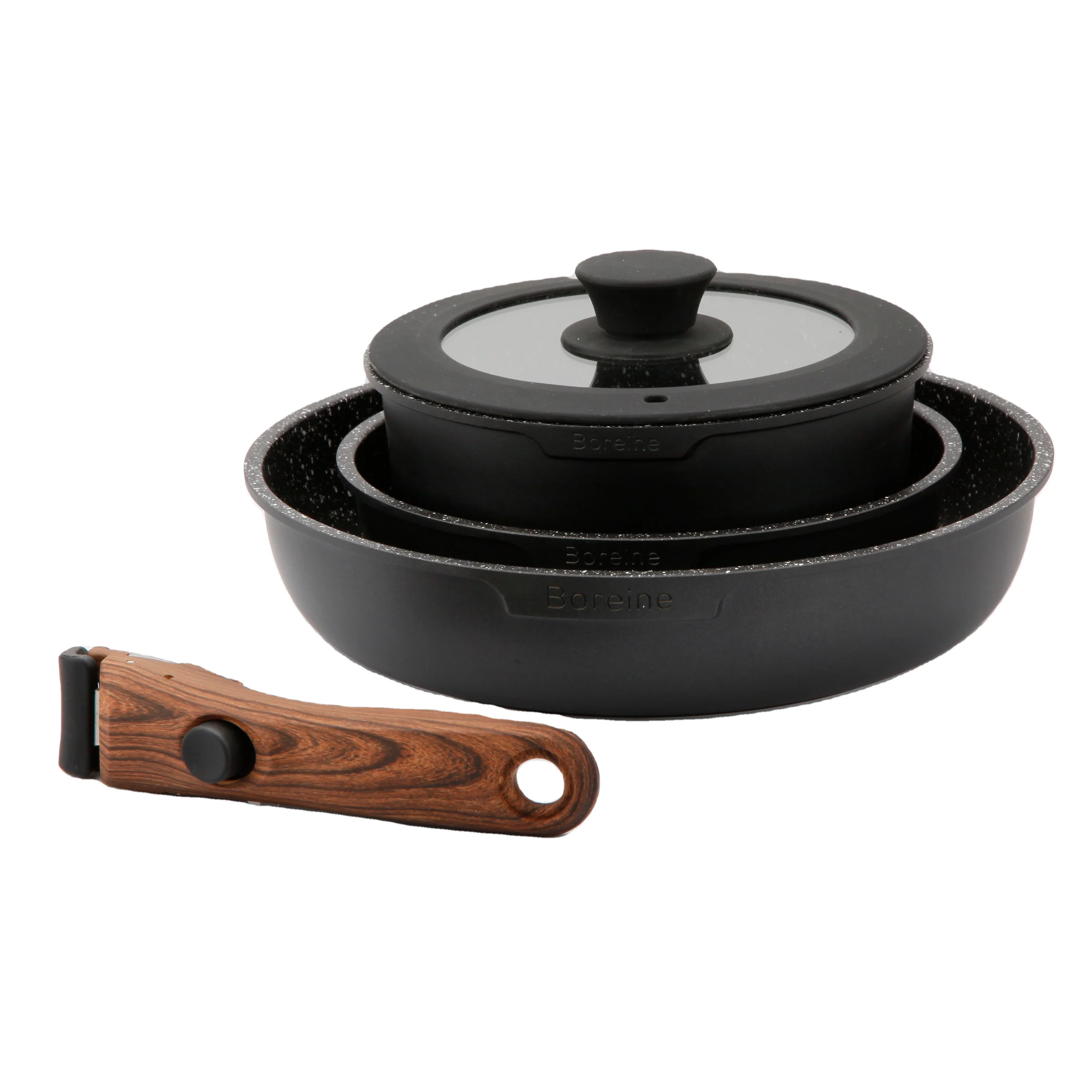 

Modern 5-Piece Black Non-Stick Aluminium Cooking Ware Set Sauce Pan Fry Pan with Removable Handle Hot Sales for Outdoor