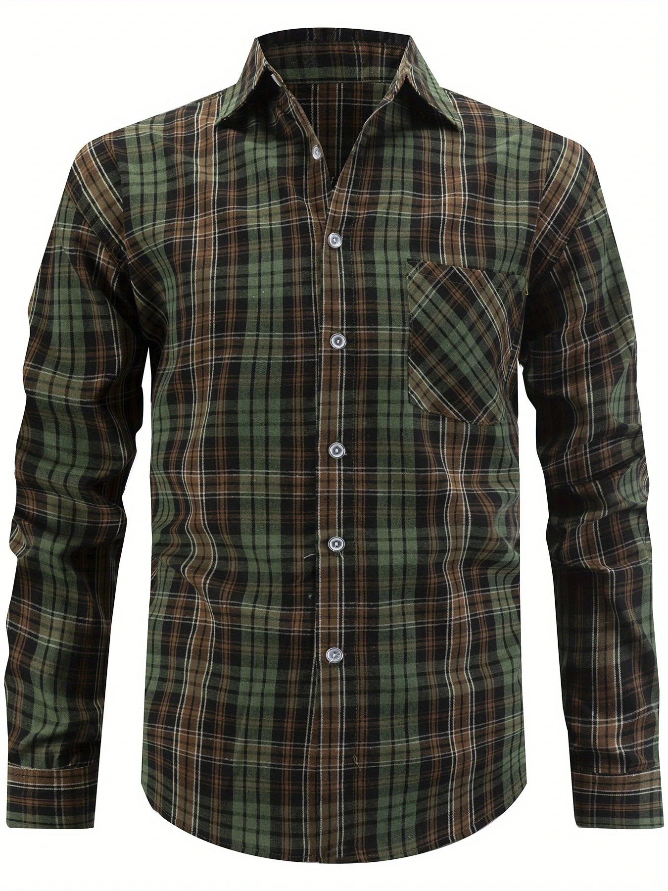 Men Vintage Green Brown Plaid Long Sleeve Cotton Shirt, Relaxed Fit Basic Check Blouse With Diagonal Chest Pocket, Wear Inside O