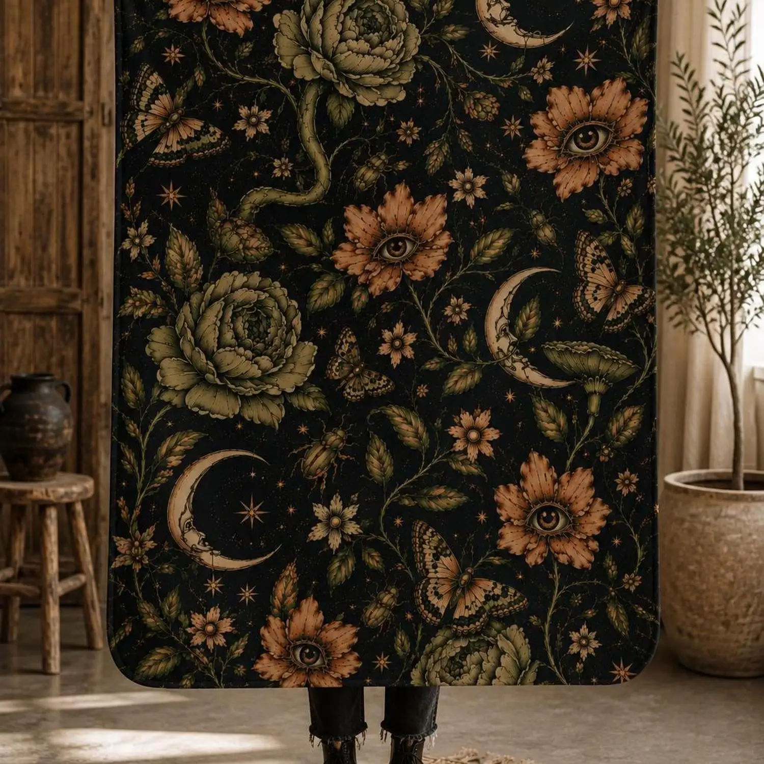 [Flannel Blanket] Starry Sky Floral Blanket, Moon and Star Plant Patterns, Gothic Style Blanket, Butterflies and Insects, Green and Peach Blanket, Eyes