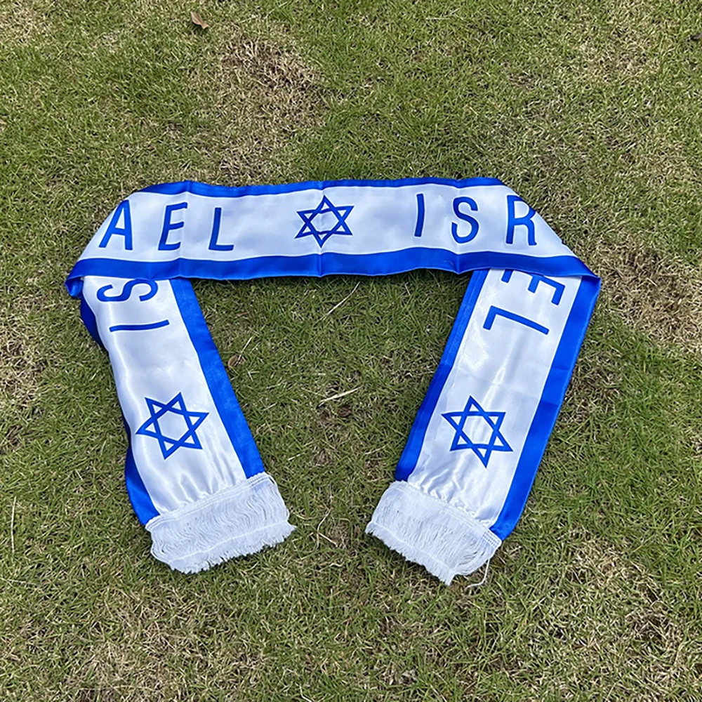 (SKY FLAG) Israel Scarf 14x135cm Double Printed Satin Israel Flag Scarf Tassels for Football Cup, Sports, Events