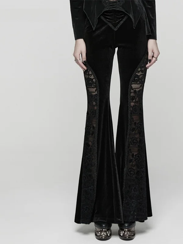 Gothic Style Lace Patchwork Bell Bottom Pants Women's Velvet Casual Tight Sexy Long Trousers High Waist Slimming New 2025