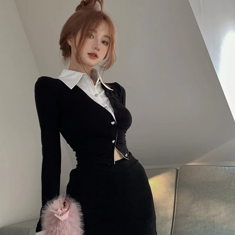 Fake Two Blouse for Women Tunic Long Sleeve Cropped Tops 2023 Blusas Mujer De Moda Fashion Korean Sexy Y2k Blouses Shirts