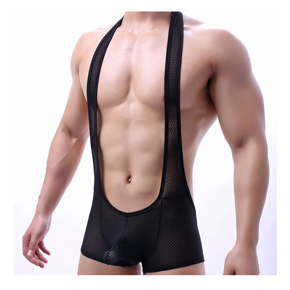 Men's Sexy Jockstrap Boxer Leotard Underwear Bodysuit with Long Penis Pouch Open Butt Mesh Jumpsuit