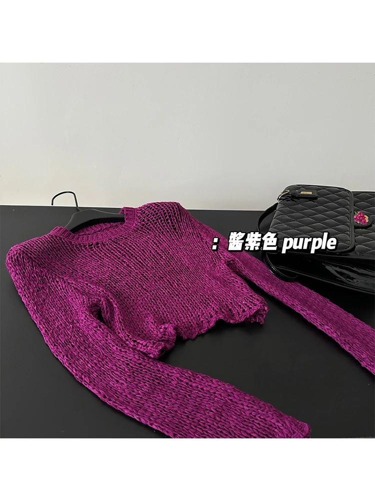 Fashion Simple Classical Knitted Sweater Hollow Out Vintage O-Neck Long Sleeve Pullovers Solid Colors Chic Autumn Y2K Streetwear