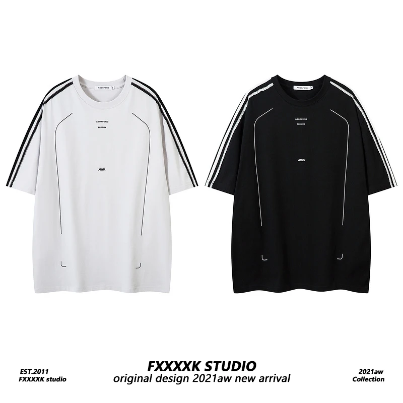 Loose Fit Short Sleeve T-Shirt with Patchwork Lace Weave Band Unisex Summer Fashion Casual round Neck Stripe Pattern Tee