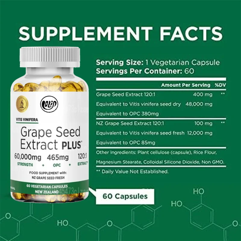 Grape seed extract 500mg contains 93% polyphenols -120:1 60000 mg strength, 60 capsules, polyphenol extract