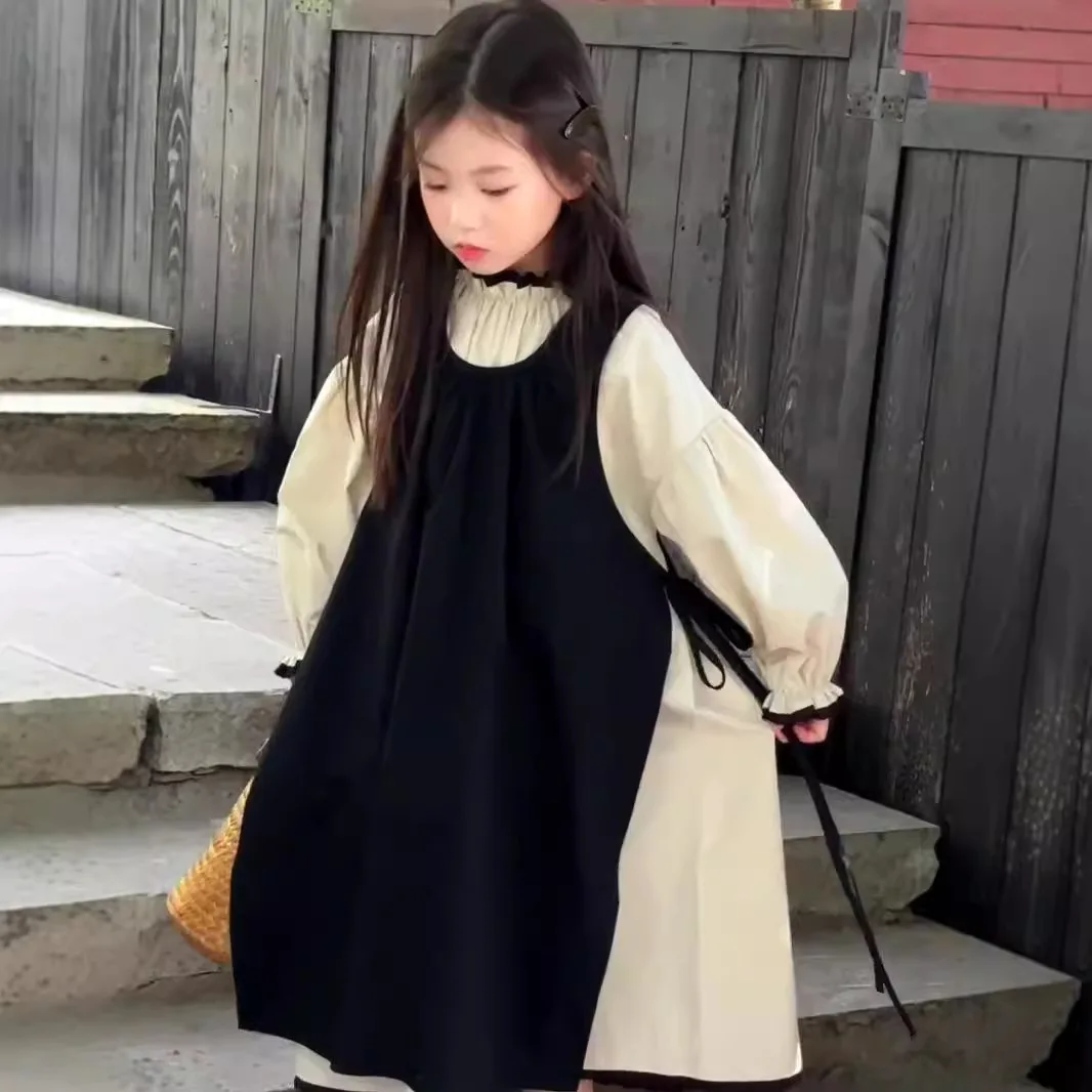 

Korean Children Girls 2PCS Clothes Set Autumn Solid Long Sleeve Kids Girls Dress Suits Loose Black Sling Strappy Dress Outfits