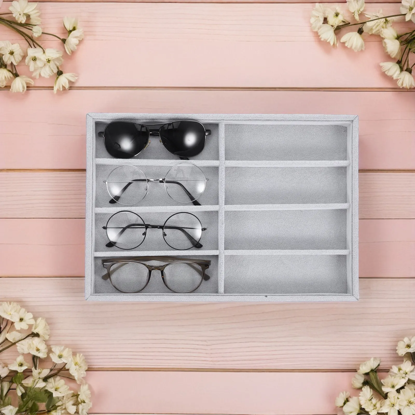 8-Grids Jewelry Organizer Tray Soft Luxury Sunglasses Display Holder Jewelry Storage Dish for Bedroom Closet Vanity Grey