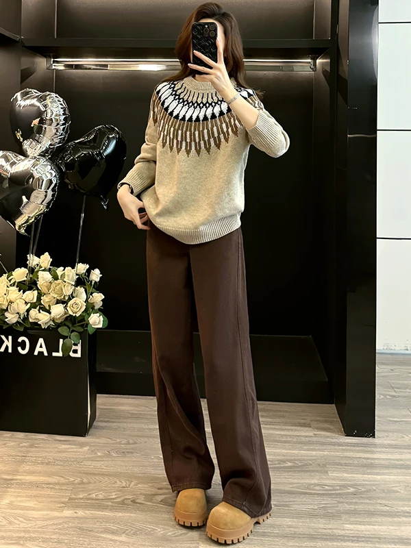 

Женский утепленный мягкий вязаный свитер и брюки с широкими штанинами: модный комплект из двух предметов для зимы, теплый повседневный спортивный костюм