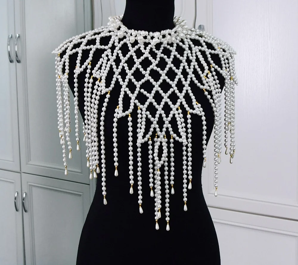 سلسلة الجسم المصنوعة يدويًا بالكامل موضة اللؤلؤ مثير شال الصدرية سلسلة موضة الصدر سلسلة حفلة عيد ميلاد الزفاف شال مجوهرات الجسم