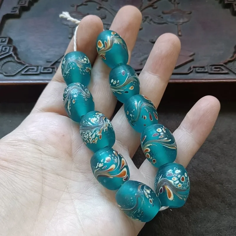 Antique collection Tibetan region restored old patina blue glazed beads a string of green phoenix tail drum bea