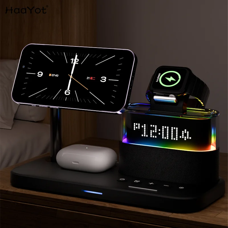 New 5 In 1 Wireless Charger Stand Alarm Clock RGB Night Light Fast Charging Station For iPhone16 15 14 13 12 Apple Watch Airpods