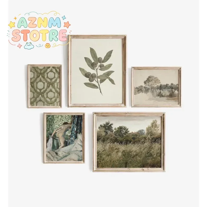 Antique French Country Green Tapestry Botanical Landscape Drawing Gallery Poster Canvas Painting Wall Art Pictures Home Decor