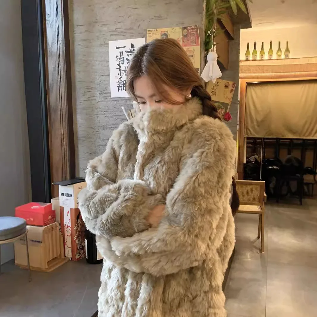 

Korean Fashion Mid-Length Fur Coat Loose Casual Plush Clothing New Winter Faux Fur Coat Stand-Up Collar Shearling Coat for Women