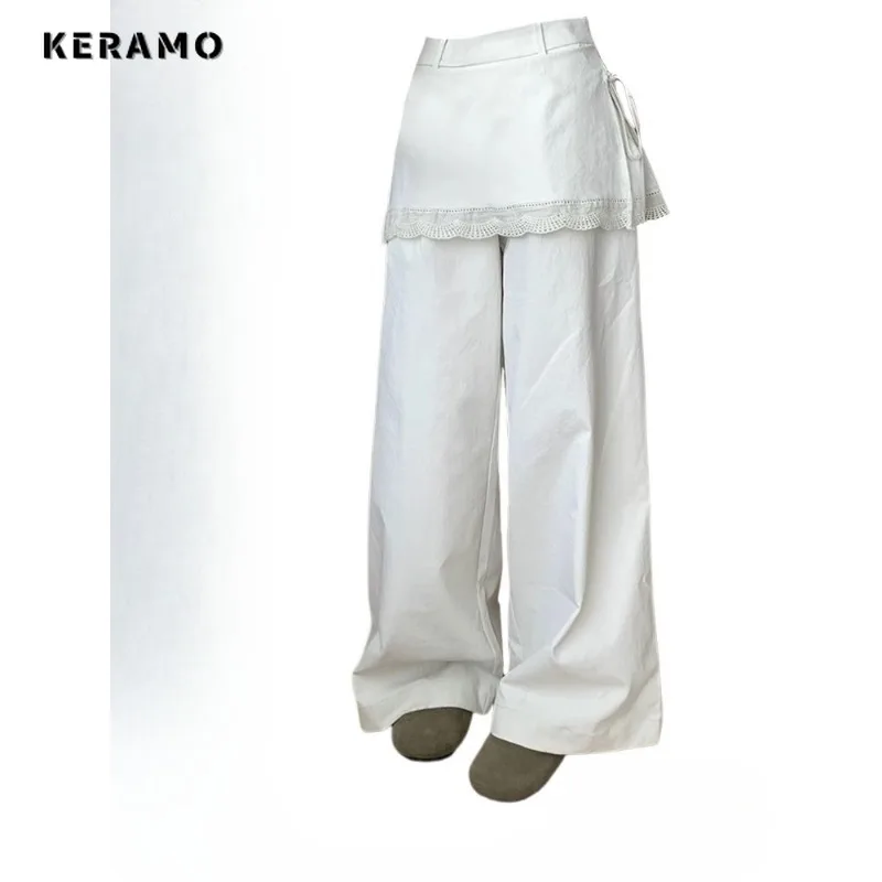 

Korean Fashion Casual Fake Two Piece High Waist Lace Patchwork Pants For Women Y2K Street Style Wide Leg Baggy Lace Trouser