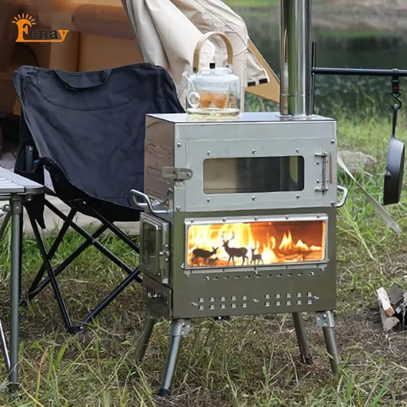Outdoor Multi-Functional Upper-Level Stainless Steel Portable Windproof Wood-Fired Oven Wood Stove for Camping Cooking