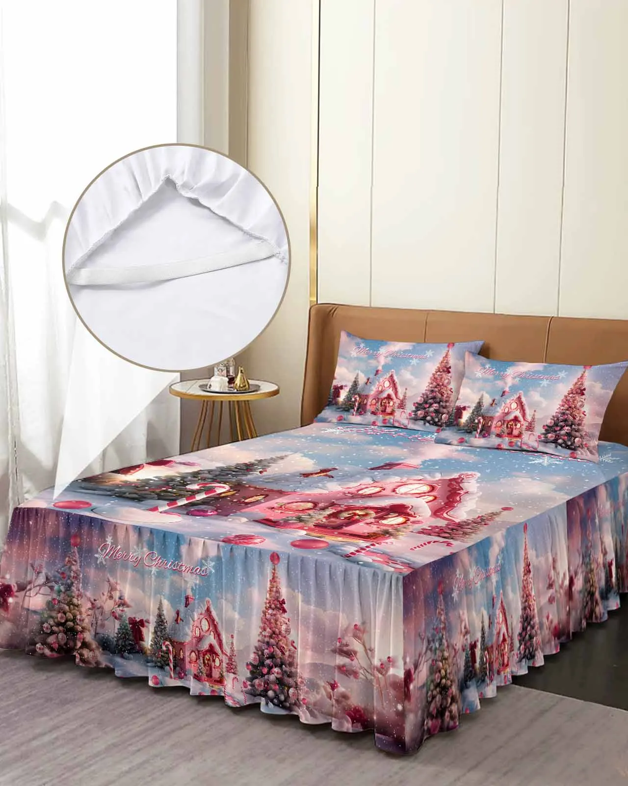 Christmas Candy House Snow View Countryside Skirt Elastic Fitted Bedspread With Pillowcases Mattress Cover Bedding Set Bed Sheet