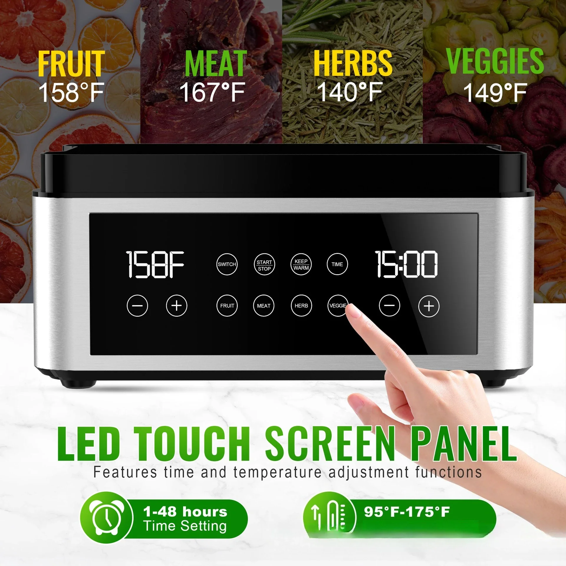 Dörrgerät, Dörrgerät für Lebensmittel und Dörrfleisch, Obst, Kräuter, Gemüse, Temperaturregelung, elektrische Lebensmitteltrockner