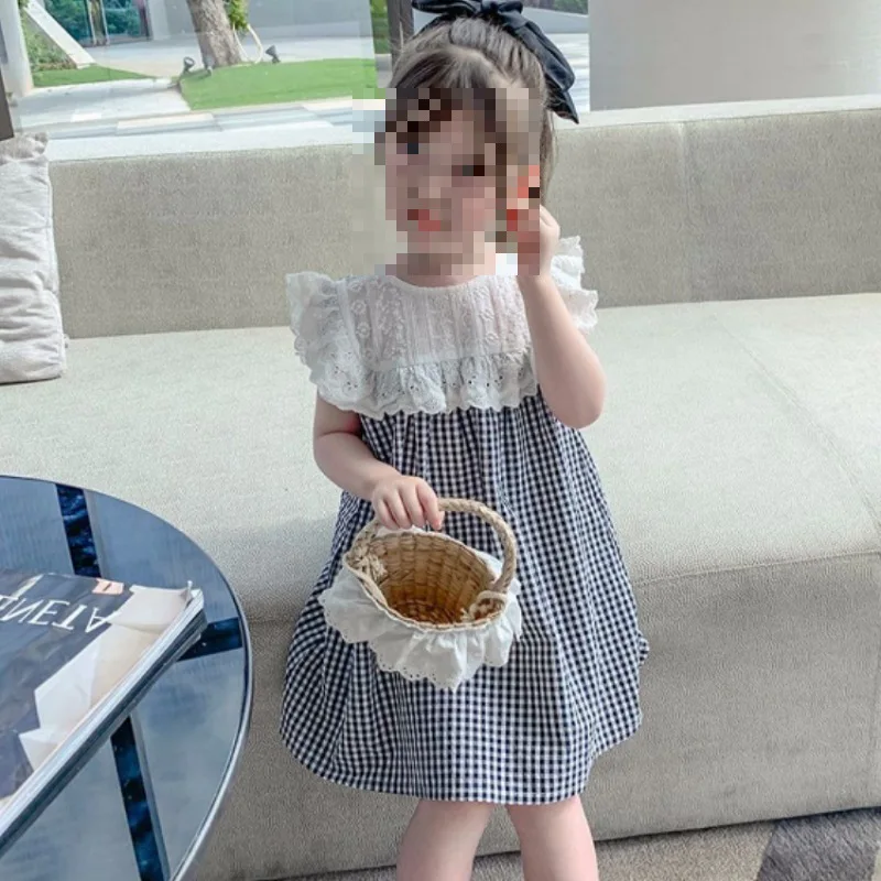 Girls' Plaid Lace Dress Princess Dress25Summer New Foreign Trade Children's Wear Delivery3-8Years Old