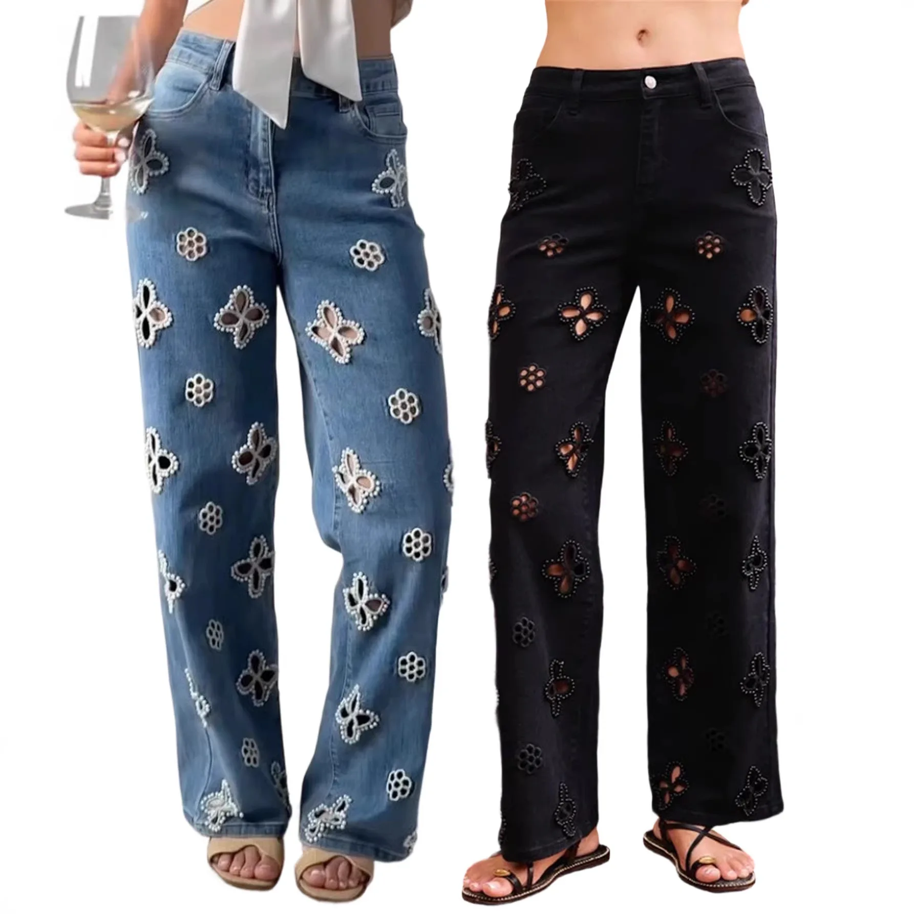 

Y2K Hallow out Denim Pants Heavy Embellished Jeans Loose Fit Women's Spring Fashion Light Blue Color Embroidered Casual Trousers
