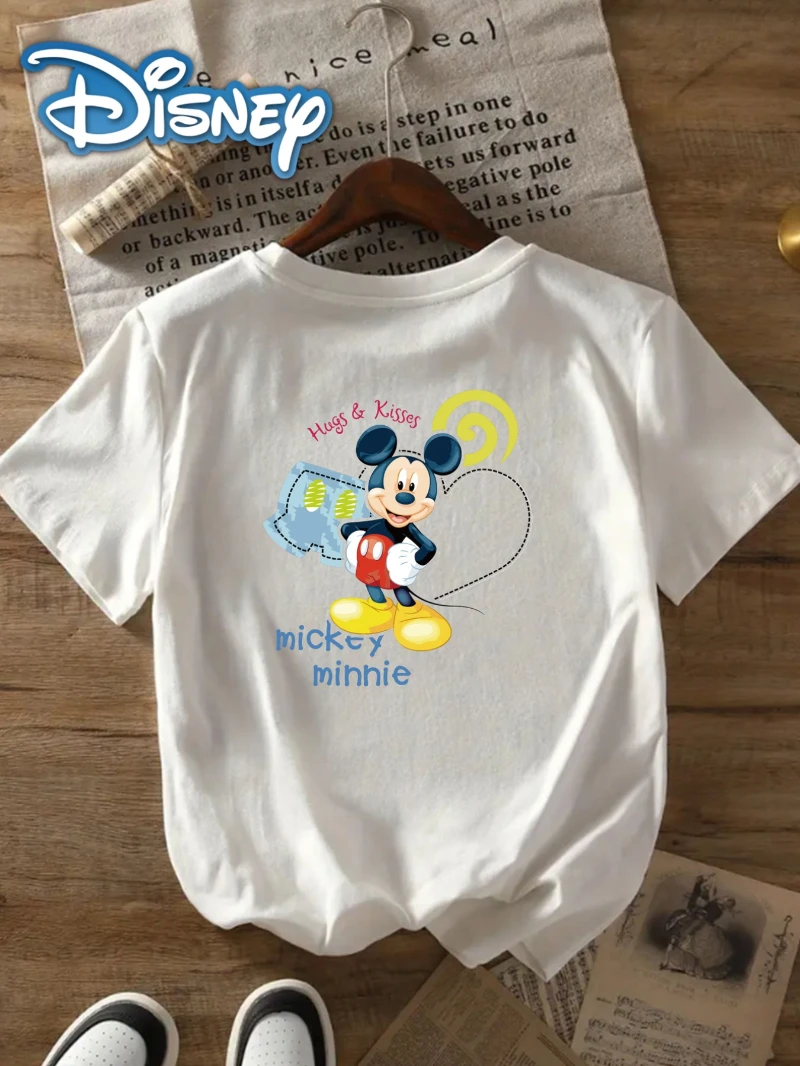 Disney Printed Fashionable Short Sleeved Summer Must-have Mickey Mouse, Huggs&Kisses Printed Round Neck Women's Casual