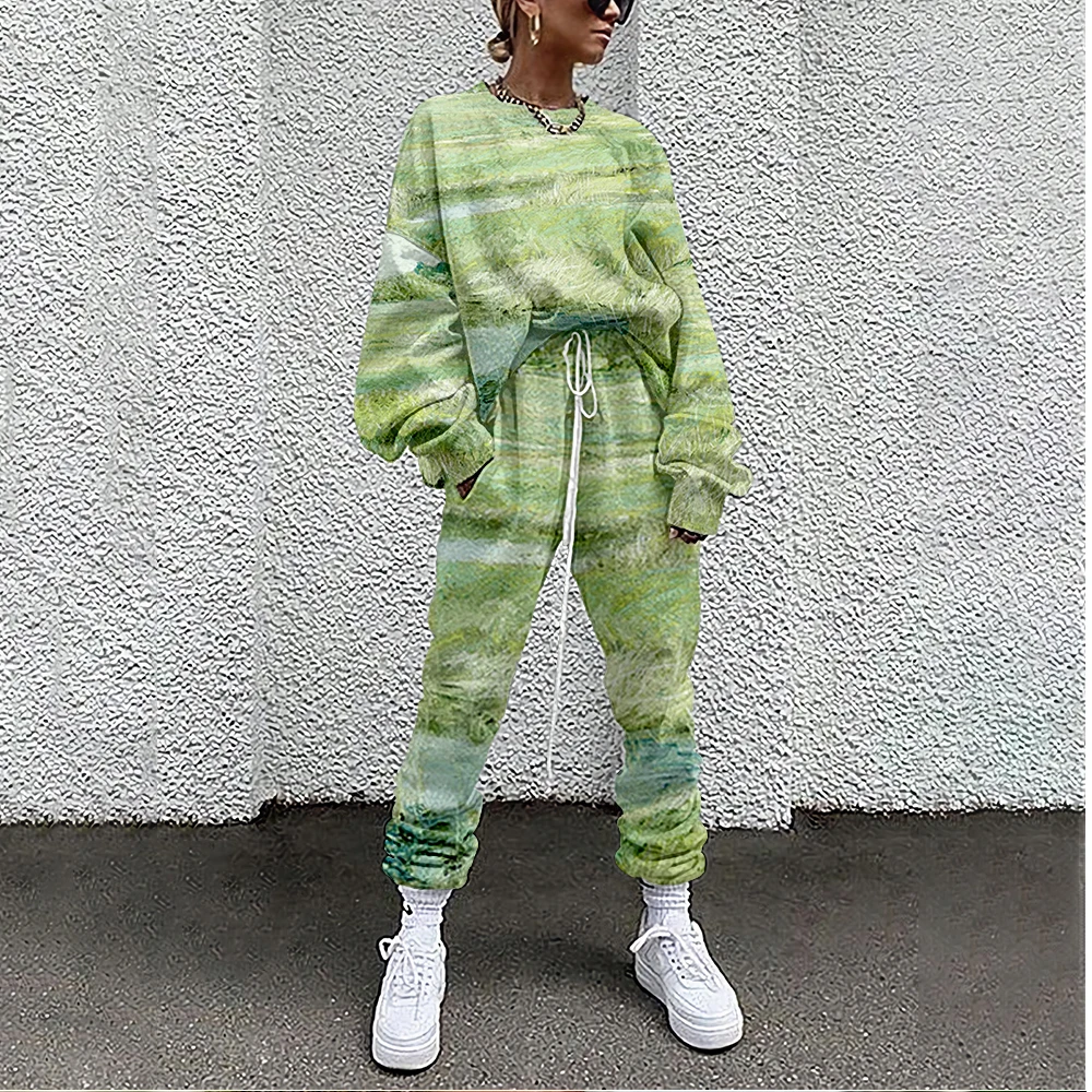 

Women Tracksuit Painting Print 2 Piece Outfit Sweatshirt+Straight Sweatpants Matching Set Fitness Sporty Streetwear