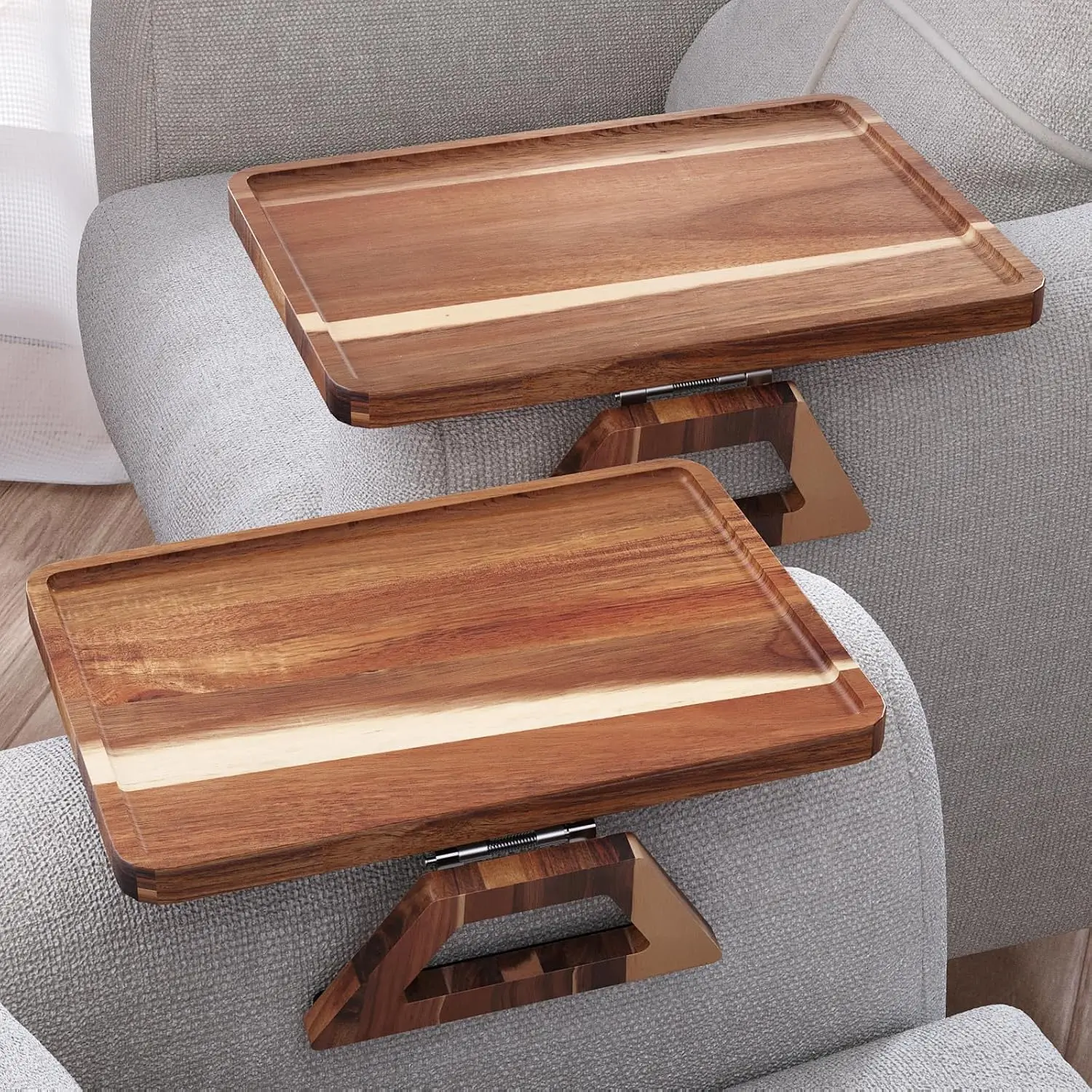 

2 Pack Acacia Wood Couch Arm Tray, Folding Sofa Armrest Table for Drinks, Snacks, Phone, Remote Control