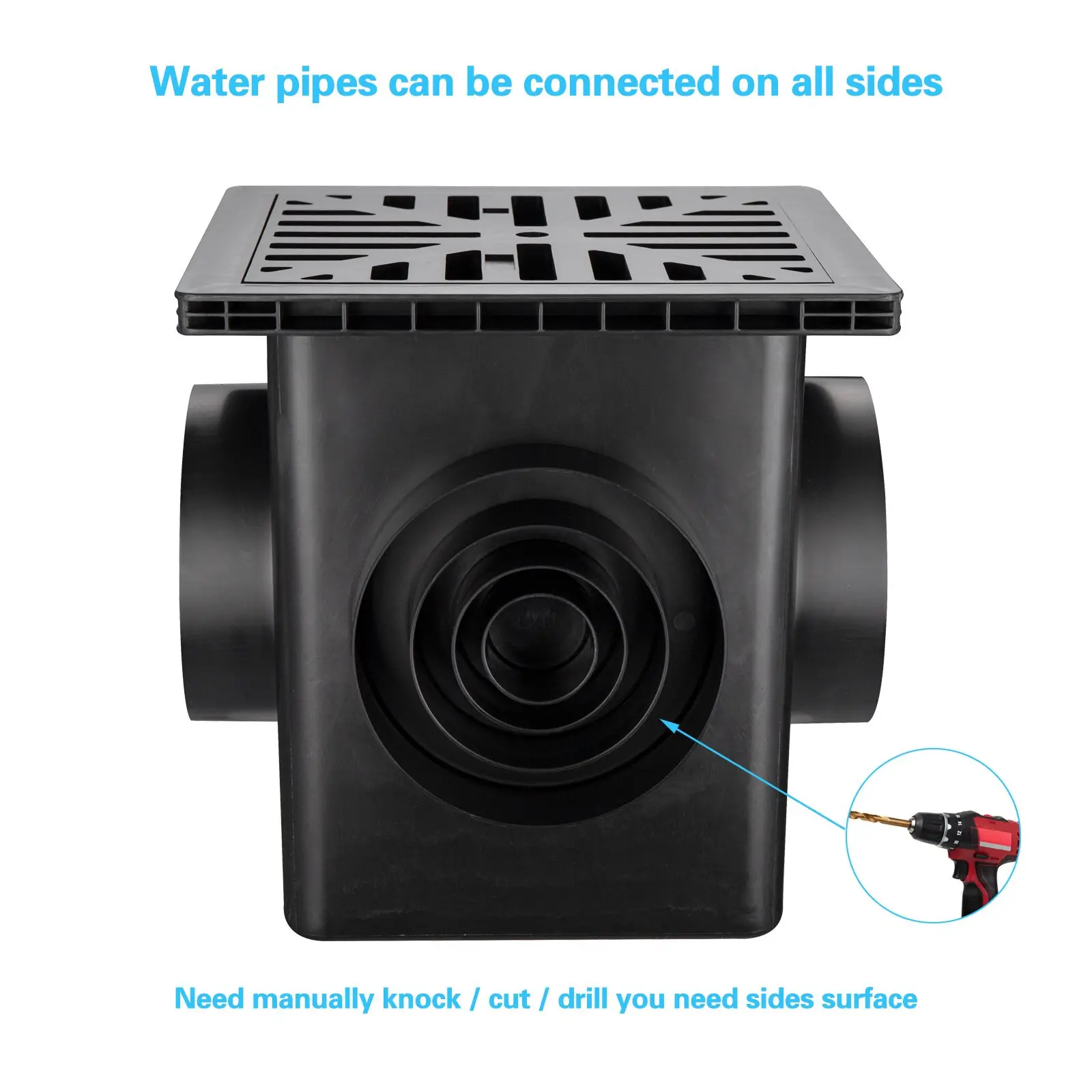12-Inch plastic kit with debris basket filter for outdoor fishing pond drainage in 4 different sizes