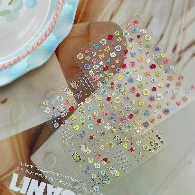 Kawaii Embossed Cartoon Buttons DIY Nail Art Stickers For Scrapbook Journal Material Decor Decals