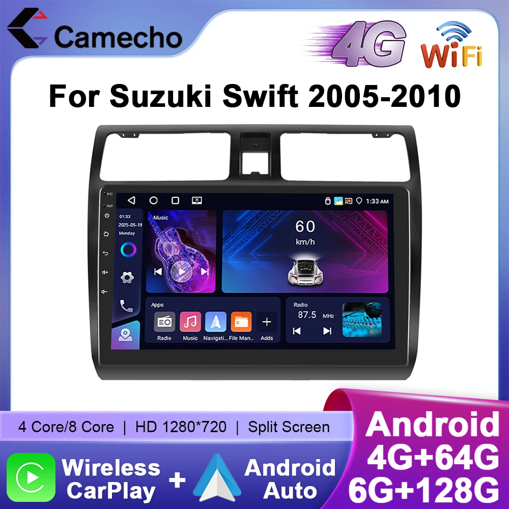 Camecho 6 + 128G Wireless CarPlay Andorid Auto Car Radio Per Suzuki Swift 2005 2006-2010 GPS Stereo 4G WiFi 2Din Lettore Multimediale